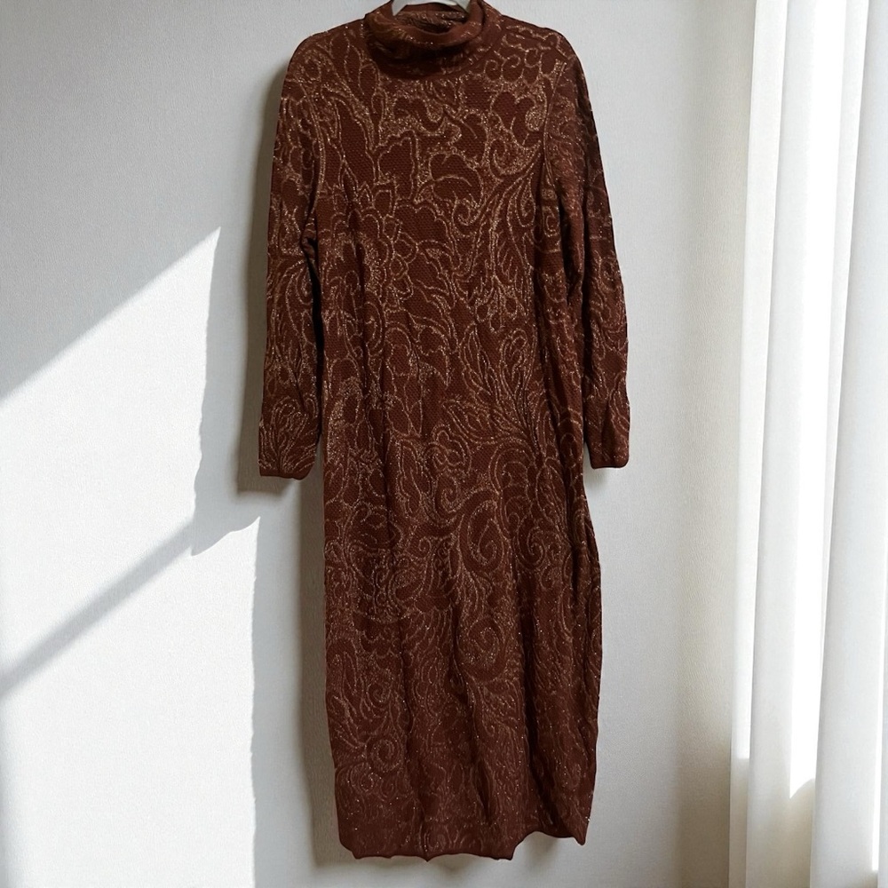 Peruvian Connection Turtle Neck Metallic Floral Lace Long Maxi Sweater Dress XL